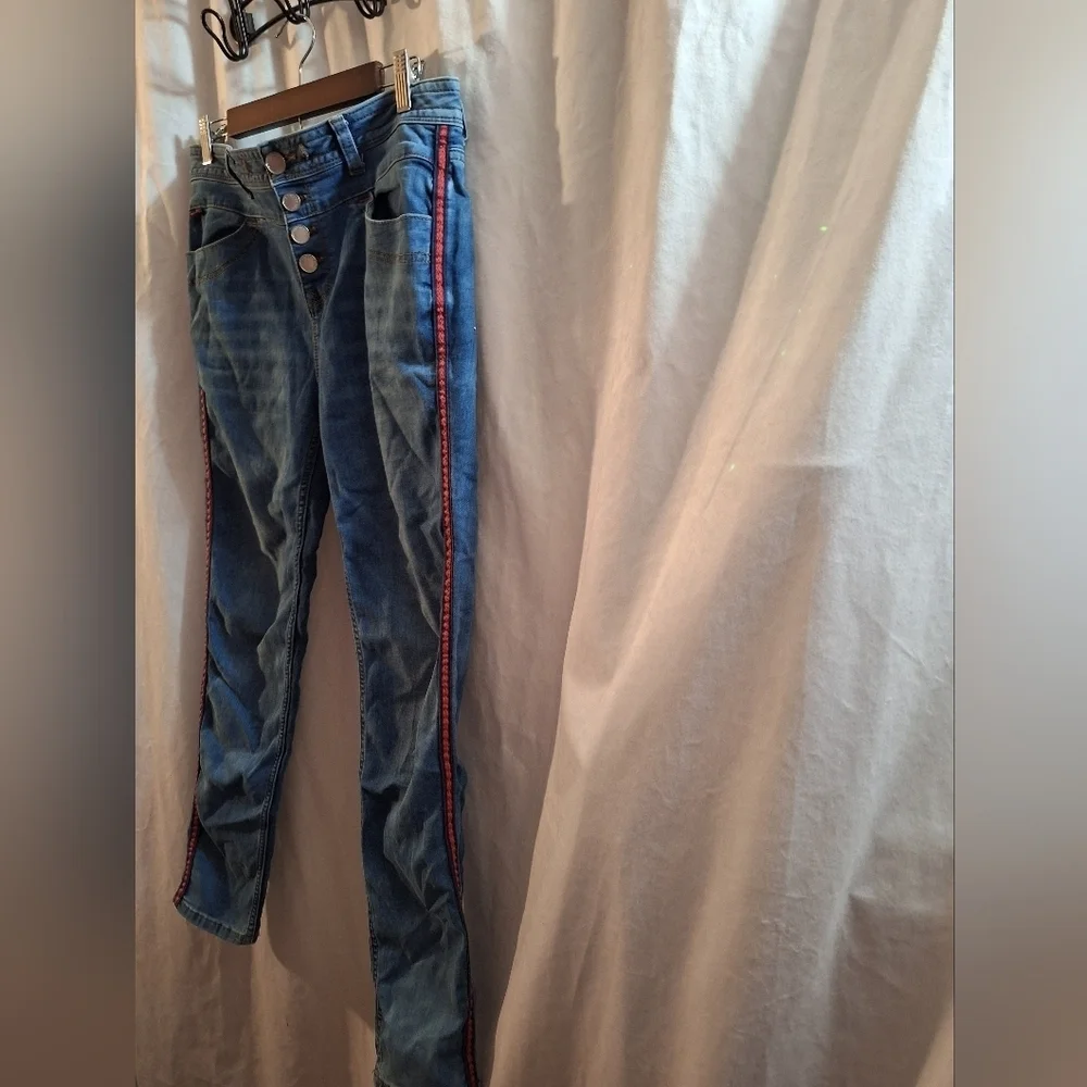 Red and Blue Skinny Jeans with Sporty Stripes